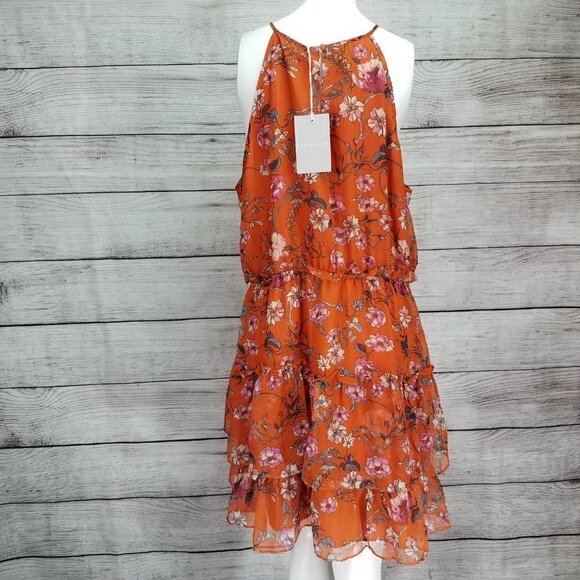 NEW Chelsea 28 XL Tiered Chiffon Fit & Flare Dress in Orange Floral - Picture 9 of 15